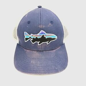Patagonia Hat Fitz Roy Trout Fish Snapback Trucker Cap Mesh Blue Distressed